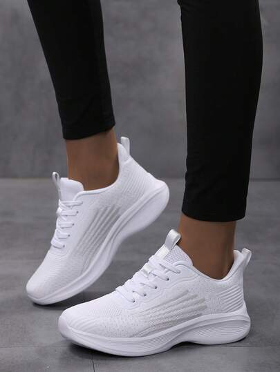 Plus Size Women's Breathable Mesh Casual White Sneakers, Women's Soft Bottom Soft Surface Running Shoes, Women's Round Toe Lace-Up Sports Shoes, Lightweight Comfortable Women's Shoes, Women's Jogging Shoes, Student White Shoes, Campus Shoes, Women's Walking Shoes, Women's White Shoes, Women's Road Running Shoes, Women's White Sneakers, Women's Travel Shoes, Women's White Nurse Shoes, Suitable For Valentine's Day, Halloween, Graduation Season, Dating, Strolling, Commuting, Party