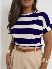 Short-Sleeved Striped Blouse With Round Neck -  For Women. - 海軍藍 - 查看 2