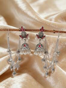 复古风垂坠耳环链，合金发链搭配仿珍珠耳环，适合女性日常佩戴、婚礼、节日配饰 - 掛鏈耳環 - 查看 11