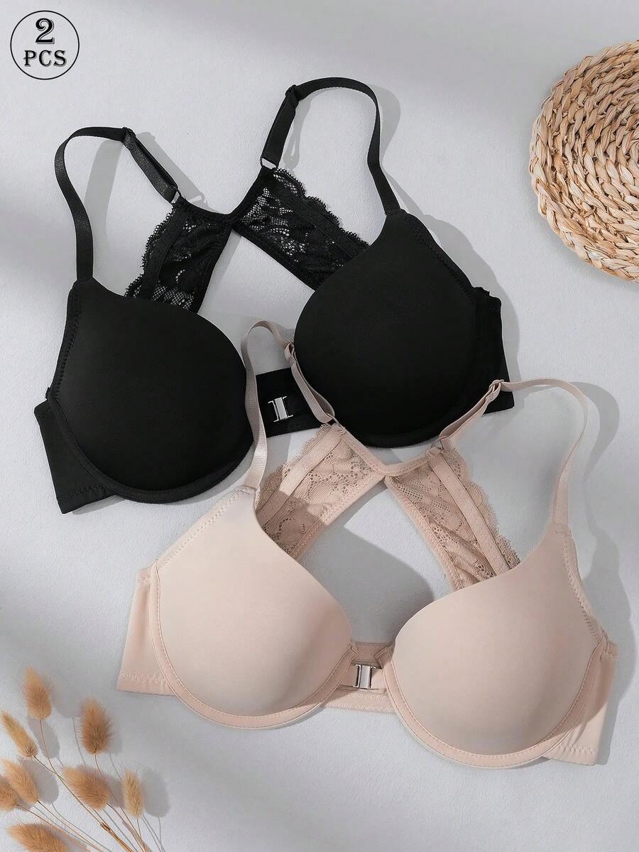 2pcs Front Closure Underwire Bra, Adjustable Straps & Lace Patchwork, Sexy Open Back Wireless Bra, Soft Breathable Bra With Front Hook Closure, Thick Cup Support, Suitable For Commuting, Daily Wear, Home & Multi-Occasions