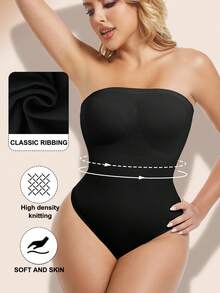 Women's Solid Color Strapless Push-Up Waist And Tummy Control Bodysuit ,Sculpting Body Shaper,Slimming Thong Bodysuit Smooth Shapewear For Women Tube Top Invisible Off-Shoulder Underwear For High Slit Dresses - 黑色 - 查看 5