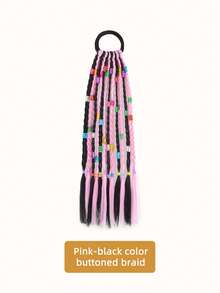 Botones de colores atados en una trenza para una fiesta o festival. La niña tiene el cabello atado con una cinta. Es lindo y elegante. Es una peluca infantil con una cola de caballo alta. - Multicolor - Ver 11
