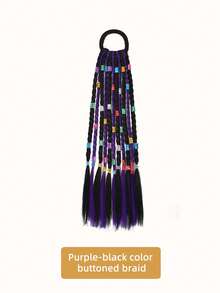 Botones de colores atados en una trenza para una fiesta o festival. La niña tiene el cabello atado con una cinta. Es lindo y elegante. Es una peluca infantil con una cola de caballo alta. - Multicolor - Ver 10