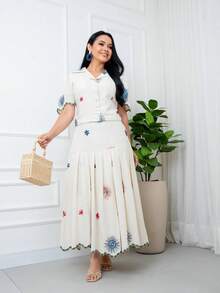 Women's Linen Set, Pleated Skirt And Shirt, Modest Evangelical Formal Wear, Embroidered Set. - 1 - View 1