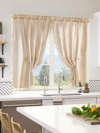 1件米色亚麻材质流苏窗帘，杆袋式设计，简约农舍风格方形窗帘，多种尺寸可选，涤纶材质，短款窗帘，适用于卧室、客厅、厨房窗户、门、橱柜，四季皆宜。