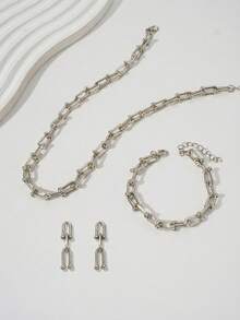 European And American INS Style Jewelry Set: U-Shaped Horseshoe Pendant Necklace, Bracelet, And Earrings - Silver - View 2