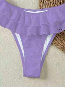 Women's Purple Hollow Out Double Ruffle Trim Bikini Swimsuit Set, Romantic Sexy Beach Vacation 2 Pieces Swimwear, Summer - Purple - View 7