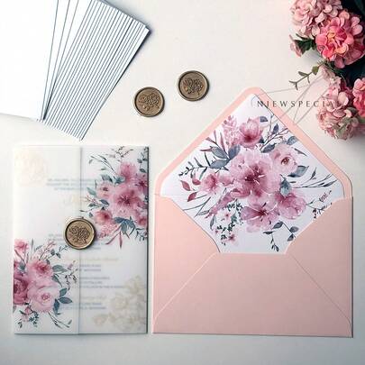 NIEWSPECIAL Zestaw 10/15/20 zaproszeń ślubnych z eukaliptusem lub motywem kwiatowym, na przezroczystym pergaminie, zawiera puste strony wewnętrzne i koperty, rozmiar 5*7 cali, eleganckie i piękne zaproszenia ślubne z przezroczystego pergaminie, różne wzory, odpowiednie na rocznicę, chrzciny i inne okazje