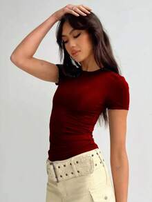 Women Basic All The Time Short Sleeve Slim Fit Body - Burgundy - View 2