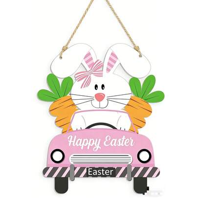 2D Flat Queekay Easter Decorative Rabbit Sign Wall Hanging Decor, Small Rabbit Carrot Happy Easter Plaque With Rope, Spring Theme Decor For Indoor/Outdoor Home Wall And Door - Rope Color Random