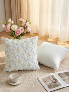 Bộ 1 vỏ gối trang trí mùa xuân hè màu trắng kem họa tiết hoa hướng dương, trang trí nhà nông thôn theo mùa, họa tiết hoa vàng hình trái tim, chất liệu lông giả mềm mại, họa tiết jacquard, thích hợp cho ghế sofa gia đình. - trắng - Xem 2