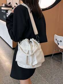 1pc Nylon Drawstring Design Women Shoulder Bag, Versatile For Daily Use, Sports Style, Foldable, Adjustable Strap, Multiple Pockets, Lightweight & Fashionable - White - View 8