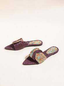 Women's Fashion Flat Casual Slippers, Color Block Design Open Toe Sandals For Summer - Burgundy - View 4