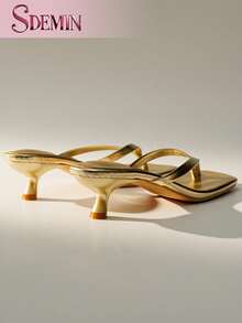 SDEMIN Gold Metallic Thong Sandals For Women, Square Toe Kitten Heel Mules | Backless Slip-On Dress Shoes For Summer 2026 | Retro-Chic & Glamorous Style | Perfect For Beach, Brunch, Date Nights & Parties - 金色 - 查看 8