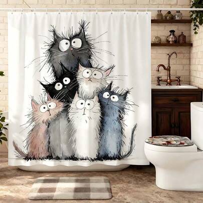 "Whimsical Cat Stack Watercolor Shower Curtain, Cute Fluffy Cats With Big Eyes In Sketch Style Pattern Waterproof Mildew Resistant Polyester Bath Curtain Set With 12 Hooks, Cat Lover Bathroom Decor For Teens Adults, Whimsical Pet Themed Home Restroom Decoration Gift"