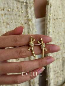 1 Pair Asymmetrical Shape Diamond Studded Cross Earrings, Unique And Exquisite Design, Suitable For Women's Daily Wear And Occasions - Yellow Gold - View 2