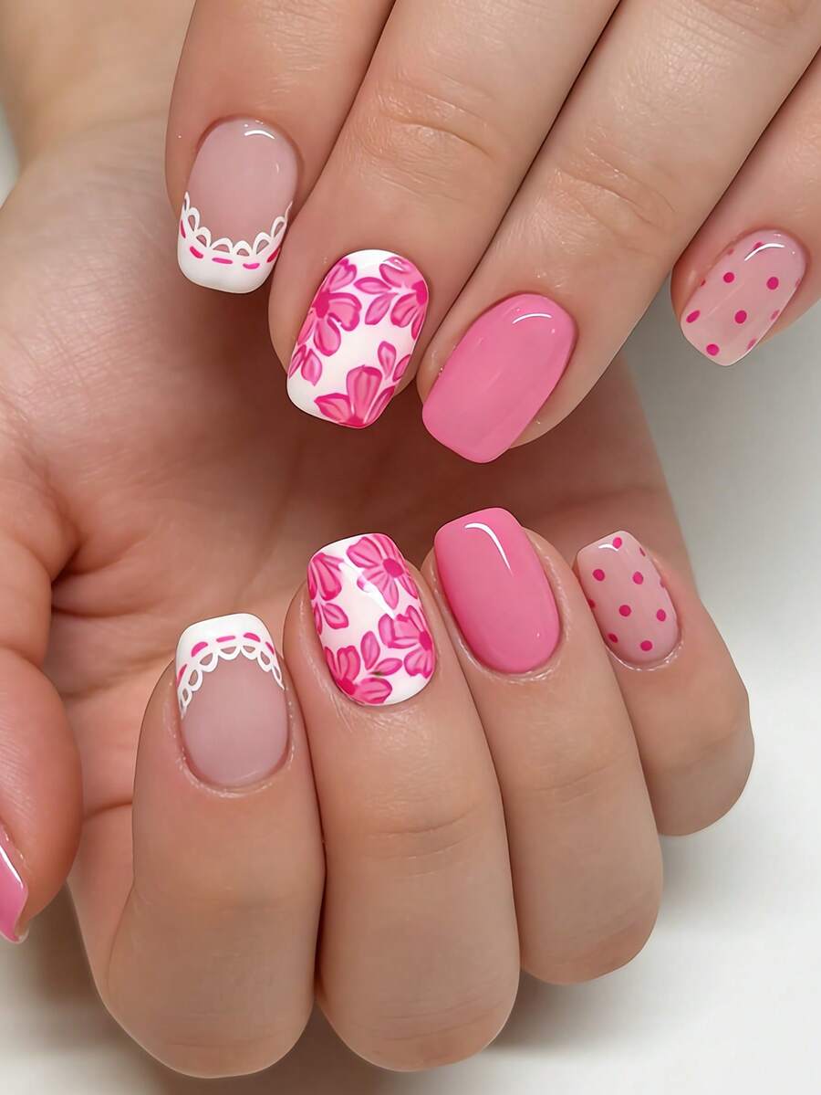 24片短方形美甲贴纸，经典法式白色优雅款、白色蕾丝款、裸色款、奢华玫瑰粉款、樱花粉款、粉色条纹款、可爱粉色波点款、浅紫粉色款假指甲套装，包含1张胶贴和1个迷你指甲锉，适合女性和女孩，随机发货 - 白色 - 查看 1