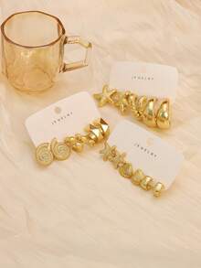 6/18 piezas Pendientes de aro con forma de estrella de mar y concha chapados en oro, pendientes gruesos, pendientes circulares, pendientes grandes en forma de C exagerada, set de pendientes para mujer - Amarillo Oro - Ver 10