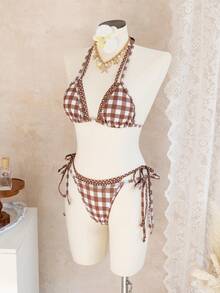 Set bikini pentru femei, 2 piese - Top triunghiular cu imprimeu cu buline și carouri, cu bretele reglabile, slip cu legături în față, costum de baie sexy pentru plajă, vară, vacanță - Multicolor - Vizualizare 3