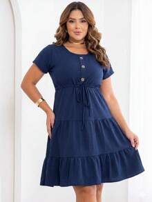 Women's Casual Three-Tiered Dress With Drawstring, Casual Knit Fabric, Knot Detail, Ruffled Hem, Button Closure, Women's Summer Vacation Dress. - Màu xanh hải quân - Xem 2