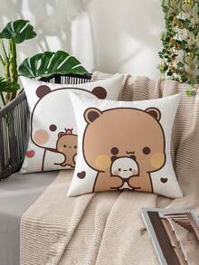 2pcs Cute Bubu & Dudu Panda Velvet Cushion Cover - Adorable Cartoon Couple Design, Text, Multiple Sizes, Valentine's Day Gift, Comfortable Square Pillow Case, Suitable For Home Decor, Machine Washable, Zipper Closure - Multicolor - View 2