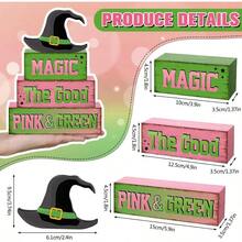 4 Pcs Pink Green Party Decorations Witch And Princess Table Decor Witchy Hat Wooden Signs Farmhouse Pink Green Witch And Princess Table Centerpiece For Home Office Desk Shelf Party Decorations - 7Pcs - Xem 3