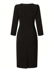 女士V领修身中长款无弹力针织休闲连衣裙 - 黑色 - 查看 7