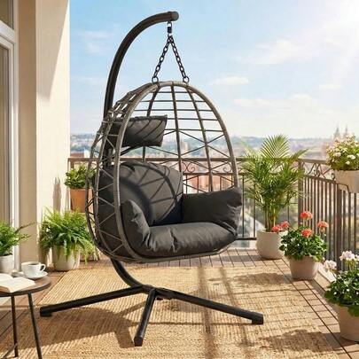 Hodeffior 196cm Hanging Egg Chair With Stand, Foldable Garden Swing Seat With All-Weather Cover & Cushions, Indoor Outdoor Steel Frame Hammock Chair For Patio, Bedroom & Conservatory, Heavy Duty 130kg