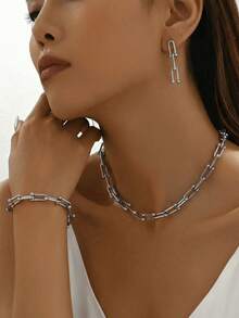 European And American INS Style Jewelry Set: U-Shaped Horseshoe Pendant Necklace, Bracelet, And Earrings - Silver - View 5