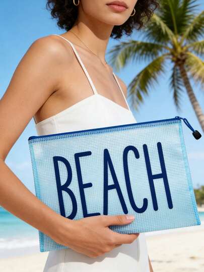 多色防水时尚网布沙滩包，印有“沙滩”字样的彩色化妆包，沙滩主题。大容量透明化妆包，带尼龙拉链的洗漱包。