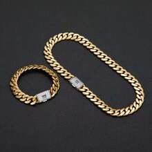 2pcs 14K Gold Plated Hip Hop Jewelry Set For Men, 14mm Thick Stainless Steel Curb Link Chain, Punk Clamshell Buckle Necklace & Bracelet - Golden+Silvery - View 6