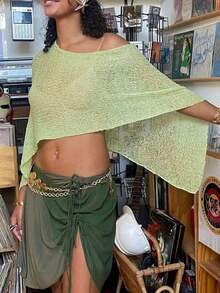 Women Sheer Knit Poncho Y2K Off Shoulder Asymmetric Shrug Sweater Pullover Top Lightweight See Through Cover Up Tops  Pullover Sweaters Tops Z9G2 - màu xanh lá - Xem 2
