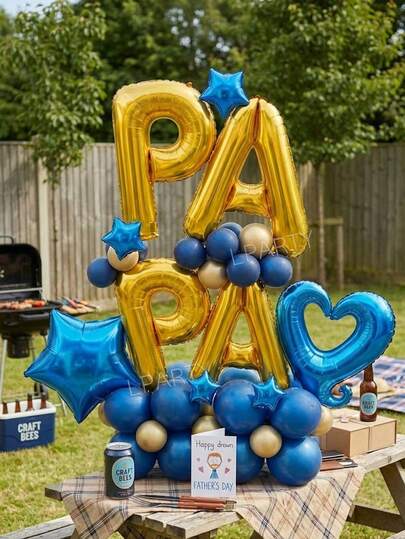 42个/套 16英寸金色字母“PAPA”铝箔气球横幅，父亲节庆祝装饰气球花束，适合爸爸生日，蓝色调气球套装