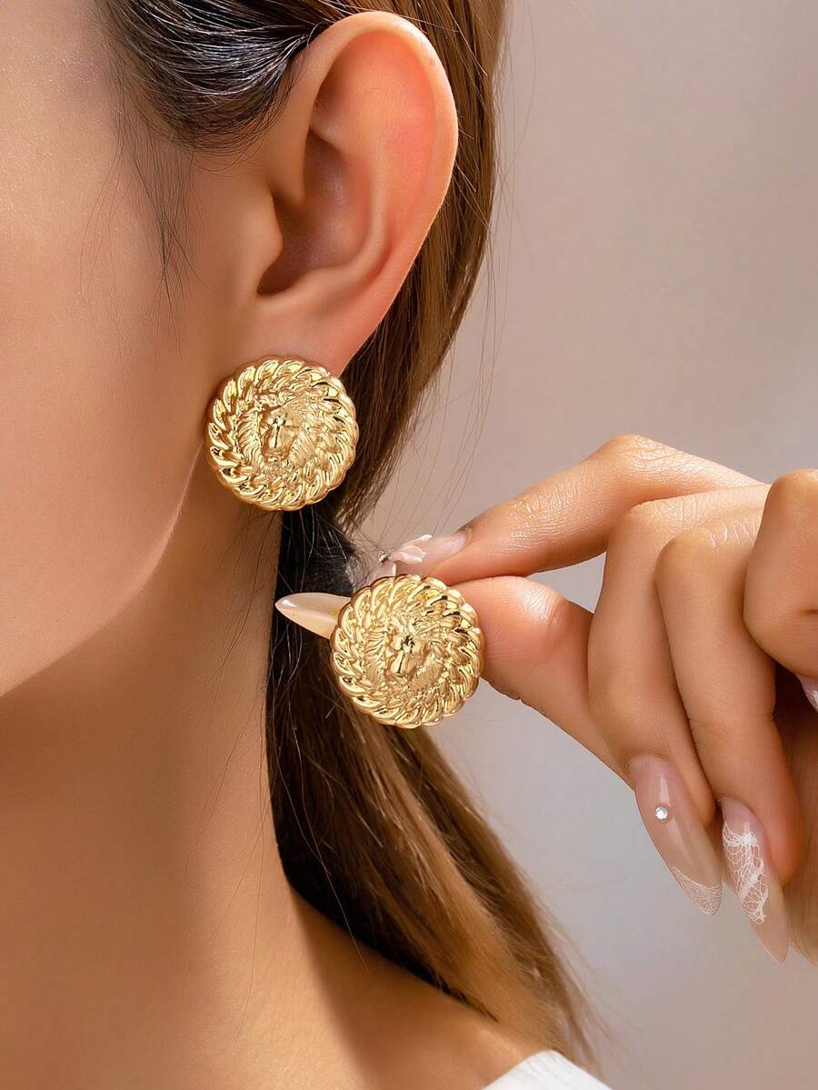 1 par de pendientes de cabeza de león 3D de alta gama, joyería popular de estilo europeo y americano para comercio transfronterizo - Amarillo Oro - Ver 1