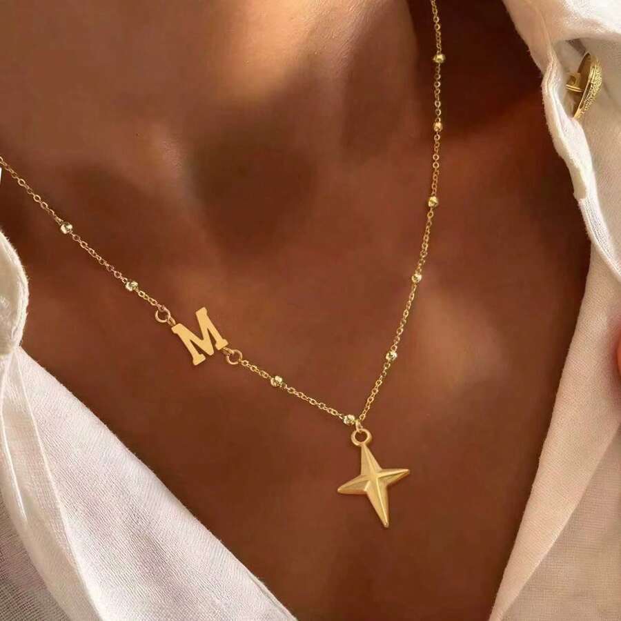 1pc New Fashion Initial Cross Star Pendant Golden Stainless Steel Bead Chain Necklaces For Women - Yellow Gold - View 1