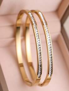 3pcs/1pc Luxury Fully Rhinestoned Stainless Steel Bangle Bracelet, Elegant Personalized Open Cuff Bracelet, Versatile For Commute And Dating, Valentine's Day Gift - Gold - View 2