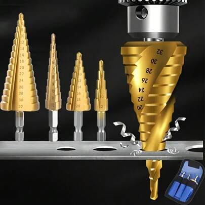 3/Pcs Step Drill Bit Set Durable Coated Power Tool Bits For Wood & Metal Drilling, Easy To Read Measurements, Includes Storage Case And Single Ones,Hexagonal Shank Straight Groove Metric Titanium Plated Drilling And Reaming Tool Step Drill Three Pieces Set Step Drill