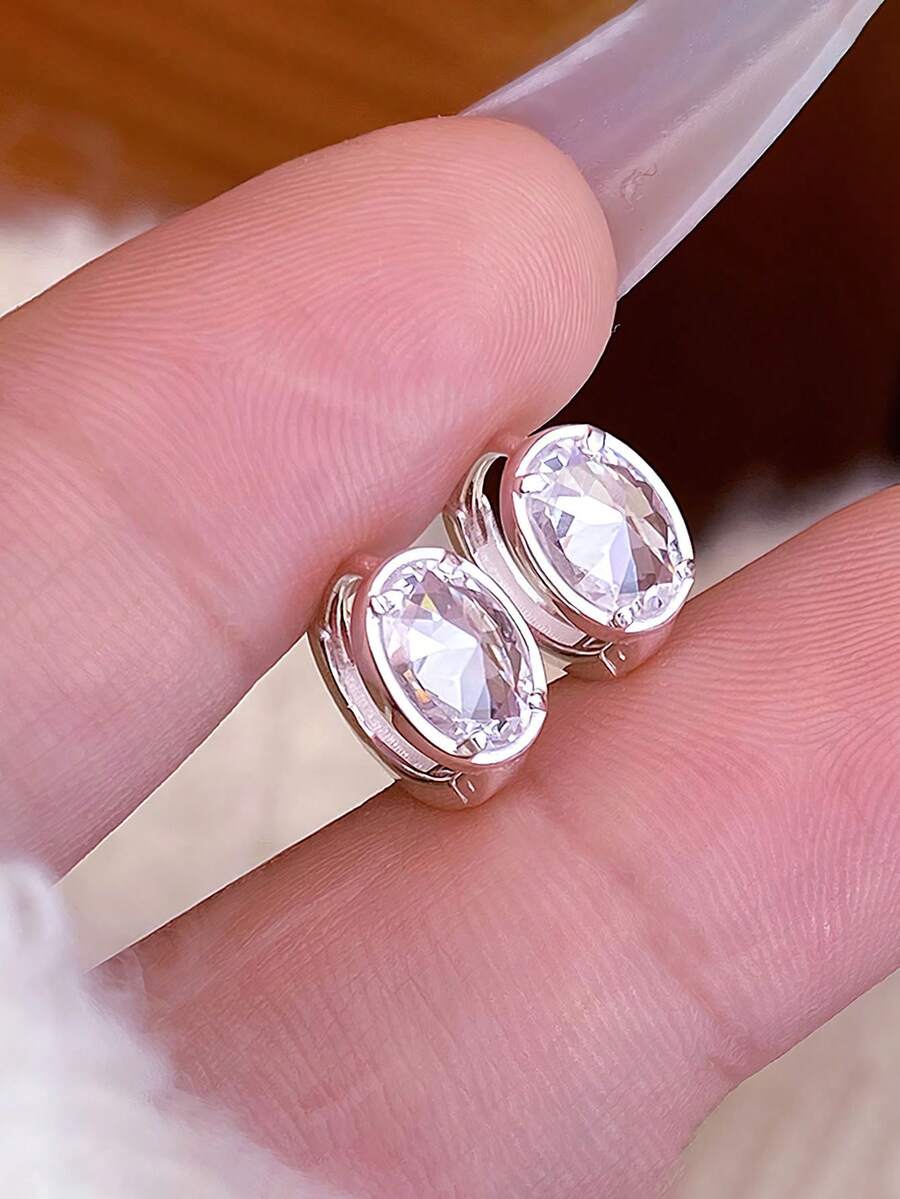 BALMORA 1 Pair Women's Elegant Fashion Geometric Oval Zirconia S925 Sterling Silver Earrings, Everyday Jewelry Gift - Silver - View 1