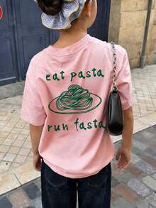 一件装休闲印花圆领短袖T恤，男女童皆宜，专为夏季学生和儿童设计——面条系列艺术风格T恤，激发想象力和自我表达！童装，女童印花T恤，夏季上衣，青少年时尚 - 粉色 - 查看 1