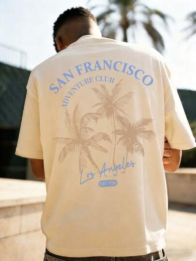 Men's Casual Vacation Style California Coastal Elements Printed Short Sleeve T-Shirt, Suitable For Summer Wear, Comfortable & Breathable, Leading Fashion