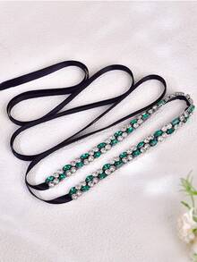 1pc Women's Belt, Emerald Rhinestone Studded Belt, Crystal Waist Belt, Handmade Bridal Belt, Suitable For Wedding Gown, Prom, Party, Birthday, Daily Wear, Gift - Green + Black Ribbon - View 4