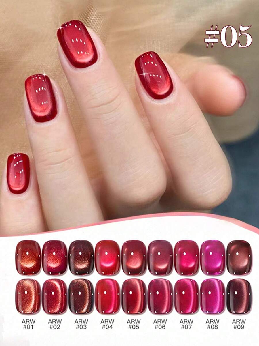 15毫升容量，2026年新款流行新年幸运红猫眼指甲油套装，包含流行玫瑰、鸽血红宝石、果酱紫、金色火龙果水晶石玻璃珠猫眼凝胶指甲油。适合所有季节的美甲，需搭配底油和封层油使用，并需紫外线照射。