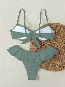 Bộ bikini nữ màu xanh ô liu khoét rỗng, viền bèo nhún đôi, ngọt ngào và gợi cảm cho bãi biển, mùa hè và mùa xuân 2026, trang phục sinh nhật cho nữ, đồ tập thể dục cho nữ, váy thanh lịch cho nữ, trang phục đi nghỉ mát cho nữ, áo thun nữ thường ngày - Màu xanh Bạc hà - Xem 5