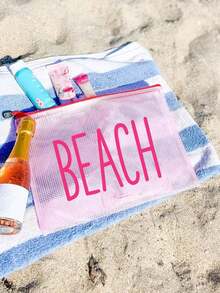 Túi đi biển bằng vải lưới thời trang chống thấm nước, túi đựng mỹ phẩm in hình "bãi biển", chủ đề bãi biển. Túi đựng mỹ phẩm trong suốt dung tích lớn, túi đựng đồ vệ sinh cá nhân bằng nylon có khóa kéo, nhẹ, có thể đựng kem chống nắng, đồ ăn nhẹ, bikini và các vật dụng cần thiết khi đi biển. - Nhiều màu - Xem 6