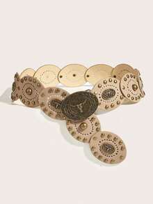 1条波西米亚风米色麂皮牛头铆钉扣腰带，朋克西部风青铜牛头扣拼接腰带，Y2K女孩腰带，牛仔腰带，粗腰带，女士连衣裙腰带，女士西部腰带，铆钉腰带，适合搭配连衣裙、牛仔裤、休闲装、派对、休闲外出、街头、购物、牛仔竞技、校园、节日礼物、夏季 - 米色 - 查看 6