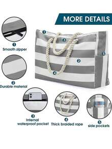 Beach Bags For Women, Large Waterproof Beach Tote Bag With Zipper, Plus Size Women's Waterproof Beach Tote Bag, Women Canvas Shoulder Bag, Waterproof Sandproof Swim Pool Bag, Large Tote (Pattern Random),  Portable, Foldable, Business Casual Simple Stripe Design Tote Bag For Teenagers, Women, College Students, Middle & High School Students, Outdoor, Travel, Picnic, Work, Business, Commuting, Vacation, Shopping And Holiday[US Local Warehouse]The Best Gift Choice, Birthday Gift - Nhiều màu - Xem 7