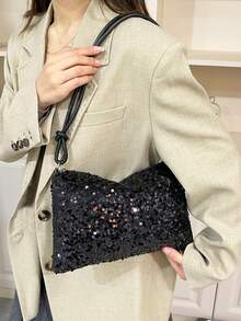 闪亮优雅女士晚宴包，新款闪亮迷人网眼水钻新月形手提包现货供应，时尚单肩派对晚宴包，饰有水钻，适合女孩、女士、婚礼、盛会、晚宴/宴会等场合，是送给女性的最佳礼物。 - 黑色 - 查看 2