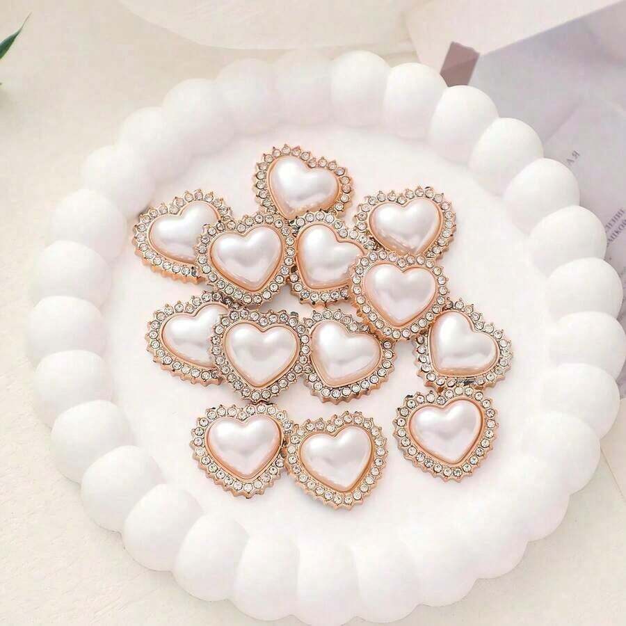 1/10pcs Rose Gold Pearl Heart Decor - With Rhinestone Heart Sticker DIY - Diamond-studded Version - View 1