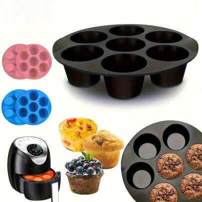 1个7孔硅胶烘焙模具，不粘模具，适用于微波炉、空气炸锅和洗碗机，专为制作蛋挞、蛋糕和松饼而设计 - 烘焙，多功能厨房工具，蛋糕烘焙DIY模具，圆形烘焙蛋糕空气炸锅托盘