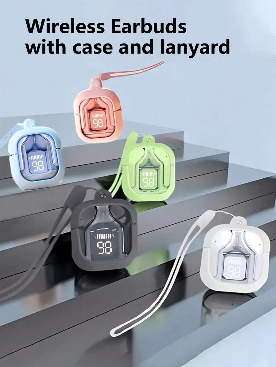 新款透明触控低延迟 TWS 无线耳塞,带硅胶保护壳和挂绳,适合运动、办公、游戏、USB-C 充电、5.3 半入耳式无线运动耳机,电池寿命超长(含硅胶壳和挂绳的耳塞) - 均碼 - 查看 1